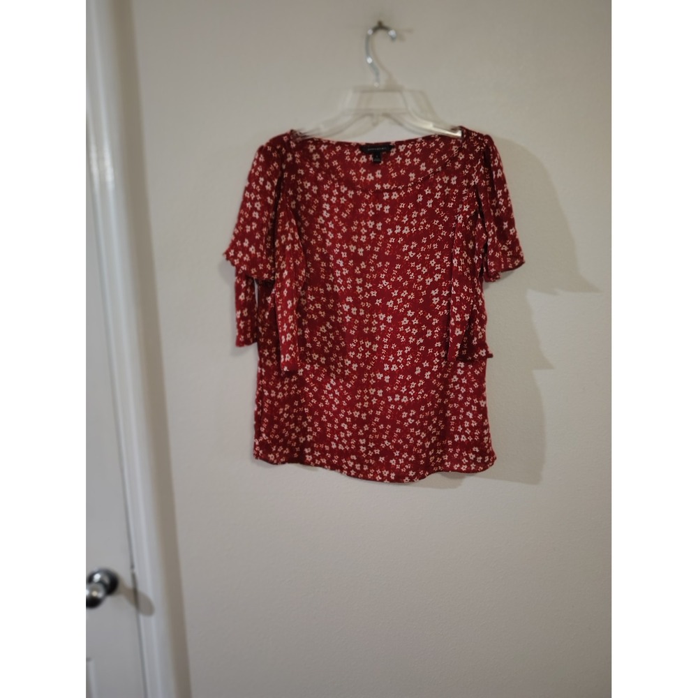 Banana Republic Red Ditsy Floral Flutter Sleeve Scoop Neck Blouse Small Womens